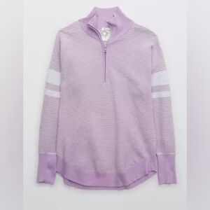 aerie Quarter Zip Ribbed Sweatshirt | Lavendar with White Stripes | Size Large